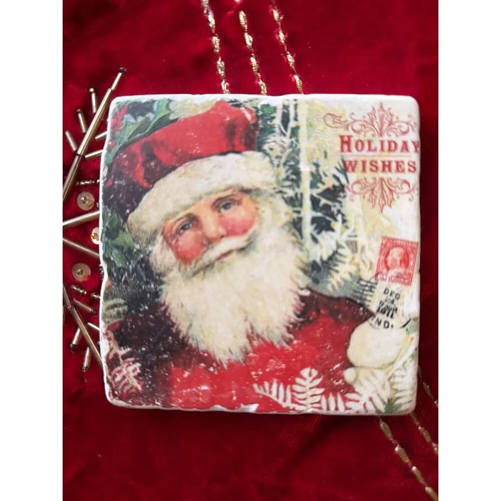 Studio Vertu Handmade Victorian Christmas Santa 4” Coaster Set Made USA Gift